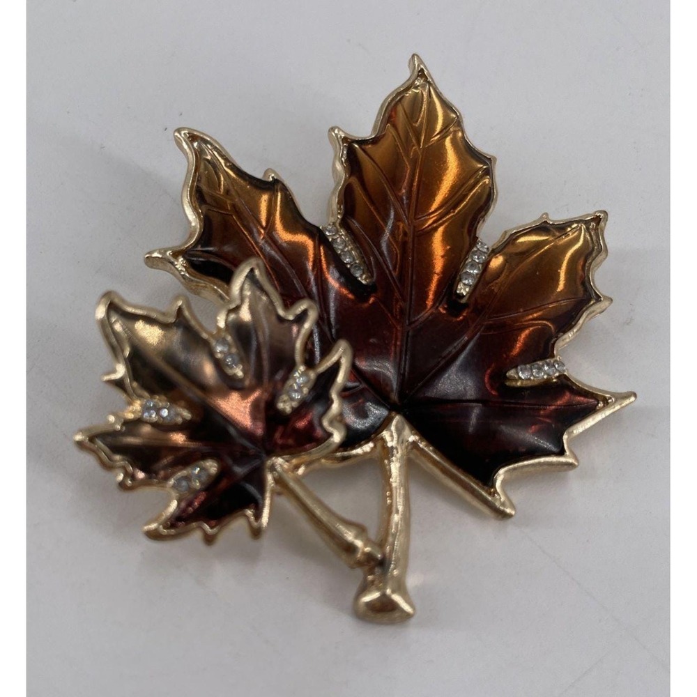 Vintage Napier Double Leaf Brooch Amber and Gold Tones Rhinestone Autumn Sparkle